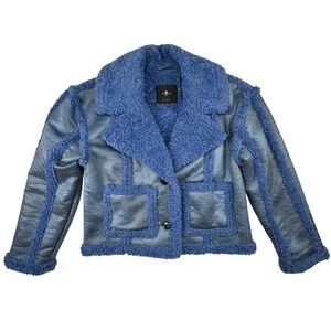 7 For All Mankind Blu Faux Shearling Suede Aviator Jacket Womens M Blueberry